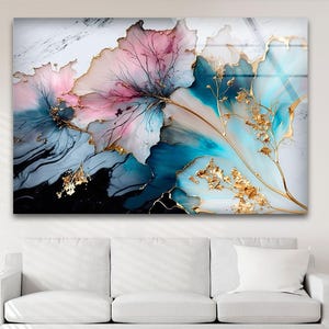 Arte abstracto floral para pared sobre vidrio: pintura en tinta dorada y azul.