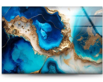 Blue & Gold Geode Glass Wall Art: Modern Agate Print