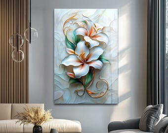 White Lily Tempered Glass Wall Art: Floral Print with Gold Accents