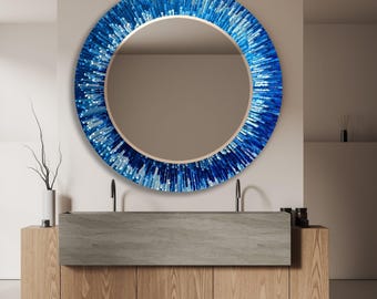 Blue Sunburst Glass Wall Mirror: Radiant Modern Decor