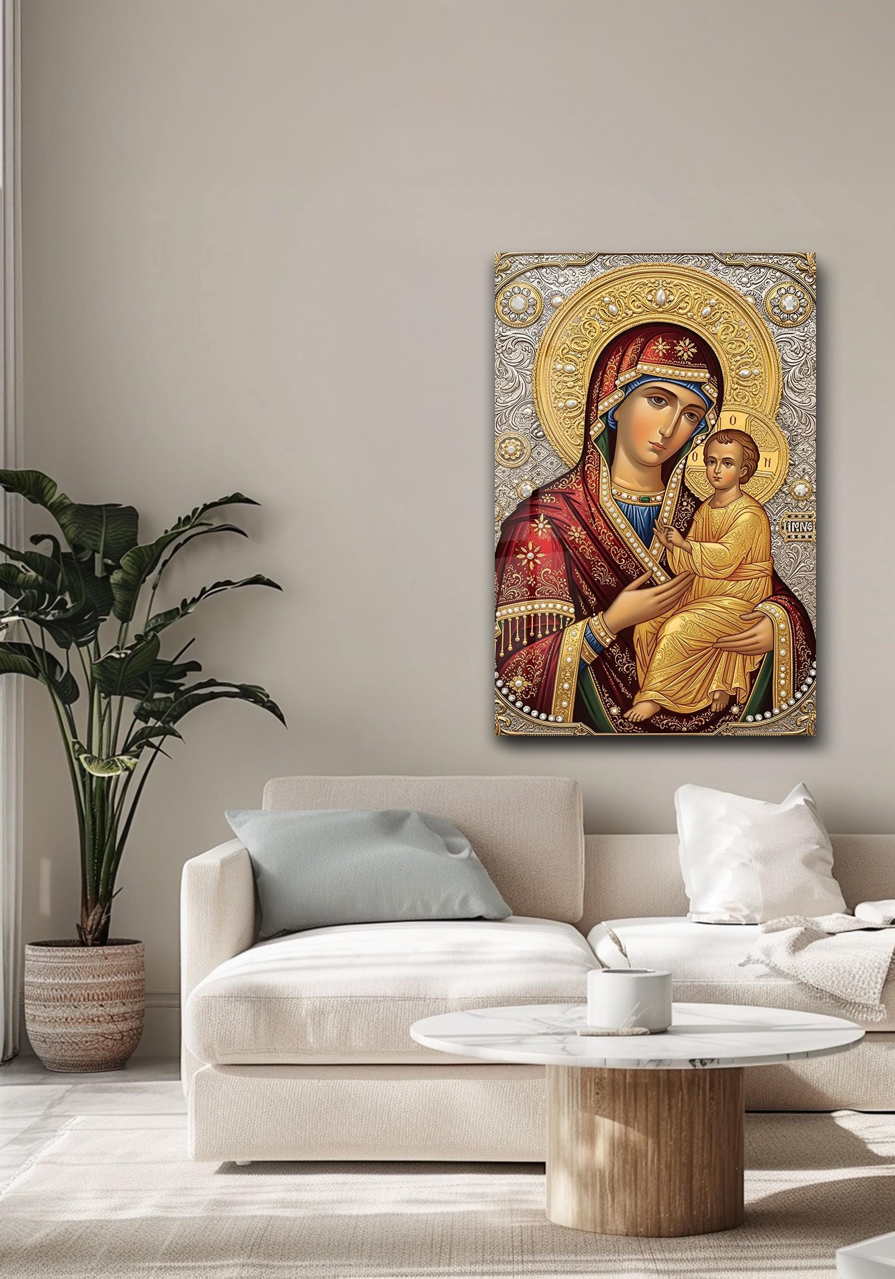 Virgin Mary and Child Icon Glass Wall Art – Red & Gold Byzantine Sacred ...