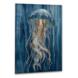 Elegant Jellyfish Glass Wall Art: Deep Blue Ocean Decor