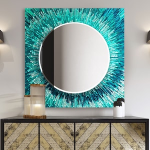 Espejo de pared de cristal turquesa con diseño de rayos de sol: decoración moderna para el hogar.