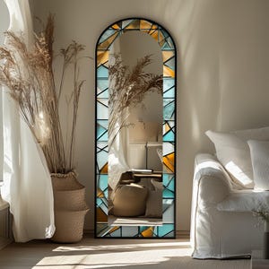 Geometric Arch Full Length Mirror: Teal & Amber UV Printed Glass