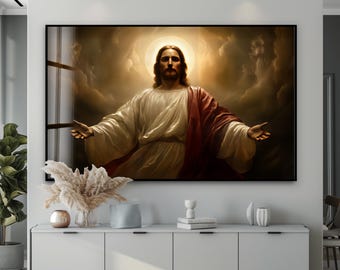 Cuadro de Jesús en vidrio templado para pared: Retrato del Salvador radiante, decoración cristiana para el hogar.