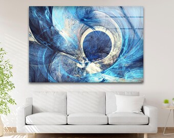 Blue Abstract Swirl Glass Wall Art: Ocean-Inspired Framed Print