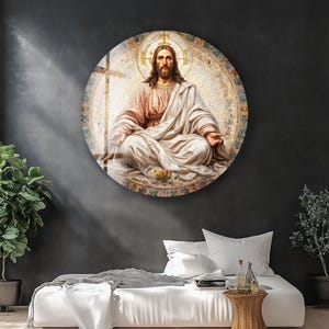 Décoration murale ronde en verre Jésus-Christ : décoration religieuse sacrée