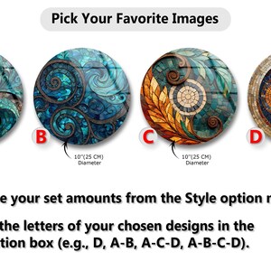 four different designs, each with a unique color scheme and pattern, arranged in a row. The instructions ask the user to choose their preferred designs from the Style option menu and then type the letters of their chosen designs in the Personalization box.