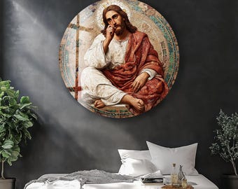 Pensive Jesus Glass Wall Art: Christian Mosaic Religious Print