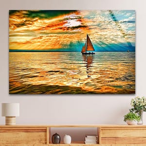 Sunset Sailboat Glass Wall Art: Coastal Nautical Decor