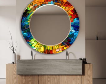 Colorful Stained Glass Wall Art Mirror, Vibrant Round Mosaic Mirror, Unique Handmade Accent Decor, Stained Mirror Circle Mosaic Mirror