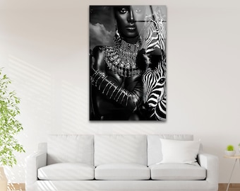 Black and White African Woman Tempered Glass Wall Art