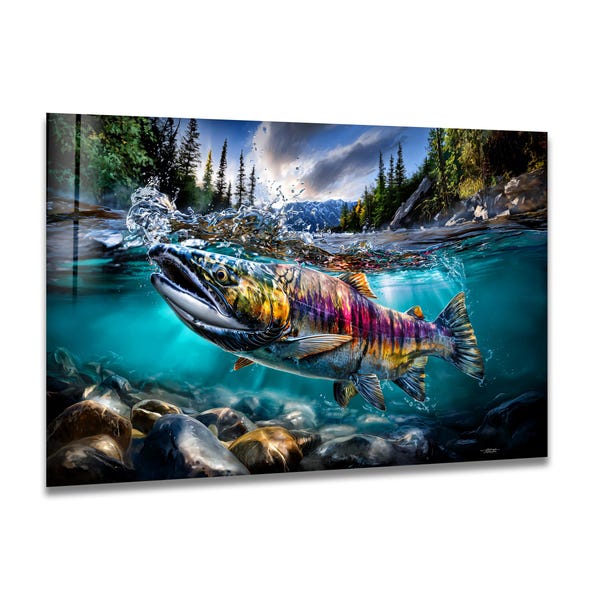 Vibrant Rainbow Salmon Underwater Glass Wall Art – Colorful River Wildlife Nature Decor