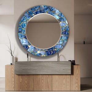 Espelho de parede redondo com mosaico azul: Espelho moderno em vidro temperado
