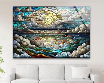 ステンドグラスの海の夕日アート：海岸の風景を描いたガラスプリント