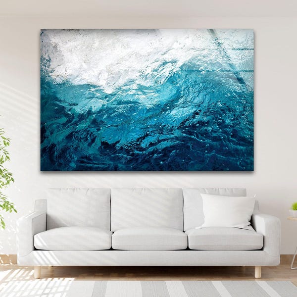 Arte de parede em vidro com ondas do oceano azul costeiro: decoração náutica moderna