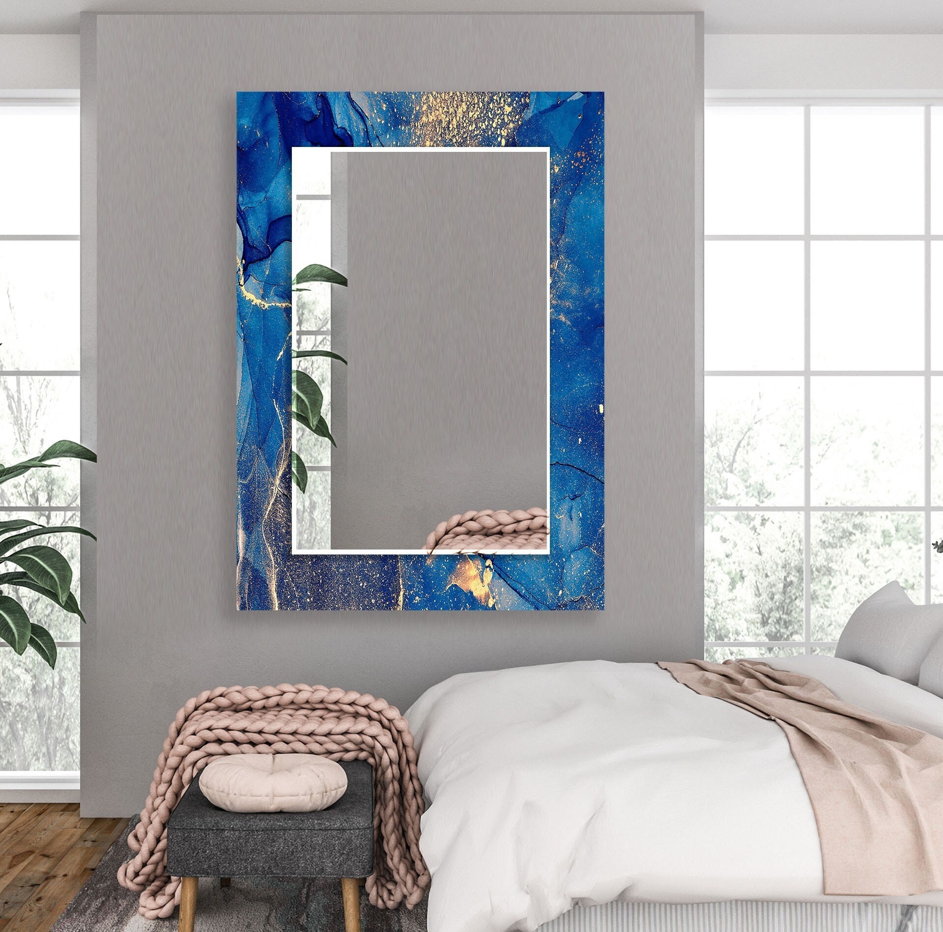 Blue and Gold Glass Wall Mirror, Modern Abstract Rectangular Mirror, Luxury Decorative Statement Mirror for Bedroom