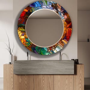 Ronde spiegel met glas-in-lood: kleurrijke mozaïek ingelijste make-upspiegel