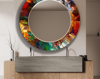 Stained Glass Round Mirror: Colorful Mosaic Framed Vanity Mirror