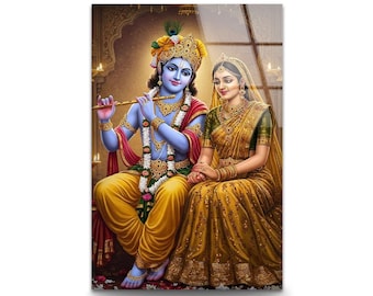 Radha Krishna glasväggkonst: Hinduisk gud och gudinna-tryck