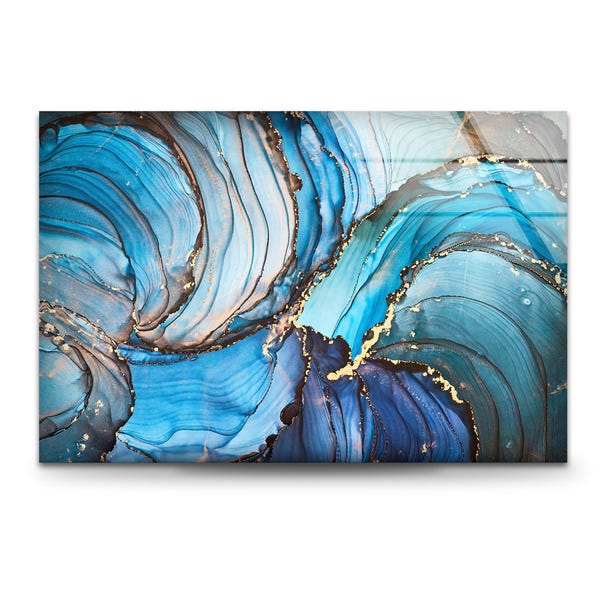 Cuadro abstracto de cristal azul y dorado para pared: una pieza moderna que marca tendencia.