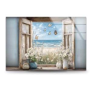 Beach View Glass Wall Art: Coastal Window with Butterflies & Daisies
