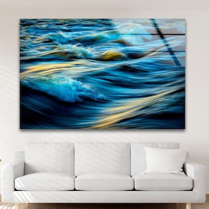 Blue & Gold Ocean Waves Glass Wall Art: Modern Seascape Print