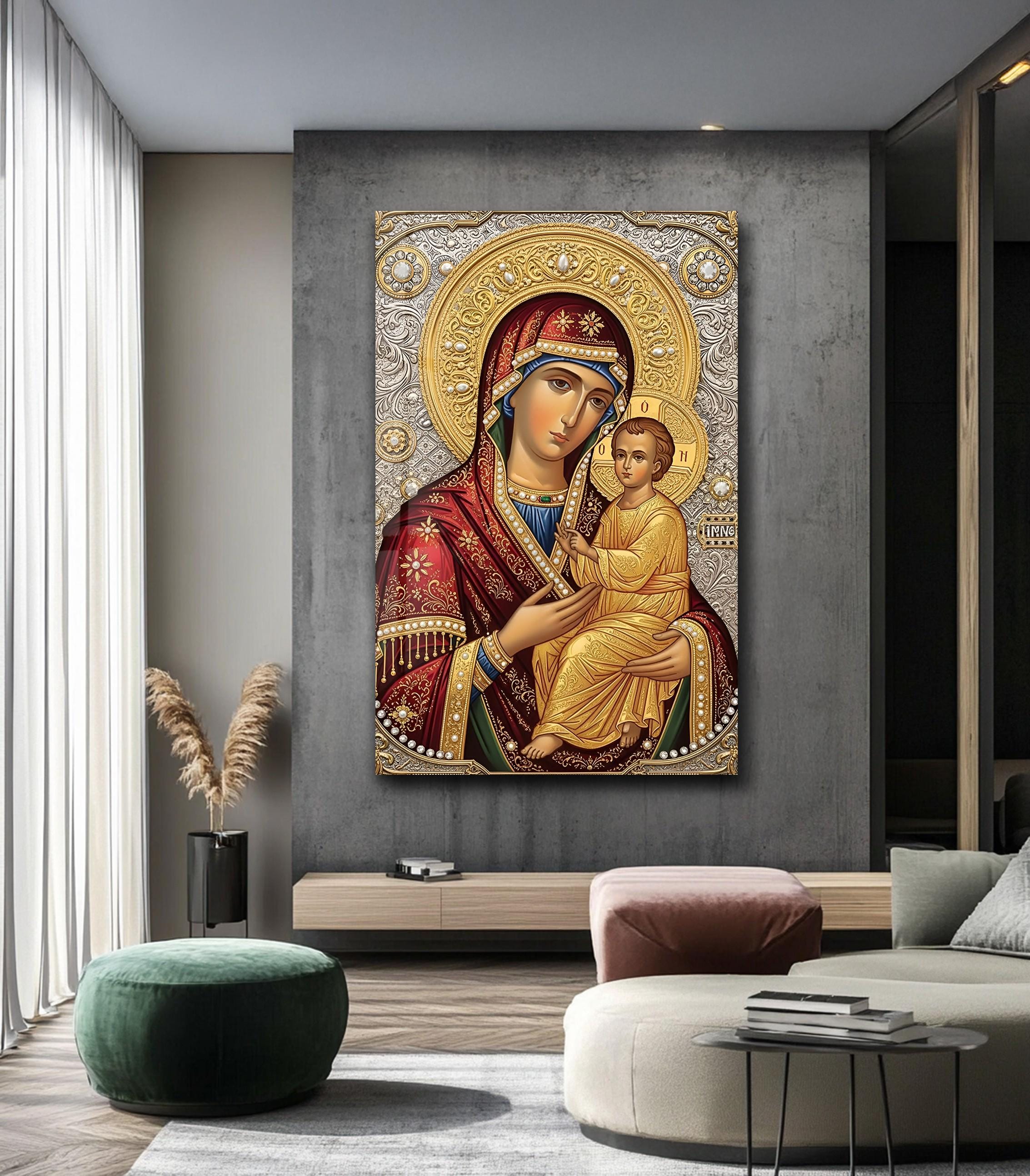 Virgin Mary and Child Icon Glass Wall Art – Red & Gold Byzantine Sacred ...