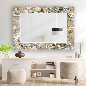 Silver and Gold Abstract Glass Wall Mirror: Modern Rectangular Decor
