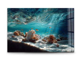Seashells & Coral Tempered Glass Wall Art – Ocean Underwater Scene Glass Printing