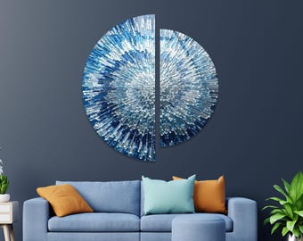 Blue Silver Sunburst Glass Wall Art: Modern Abstract Panel