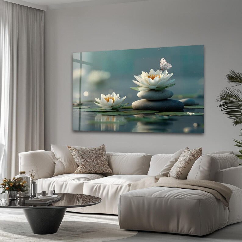 White Lotus & Zen Stones Tempered Glass Wall Art – Spa Meditation Glass ...