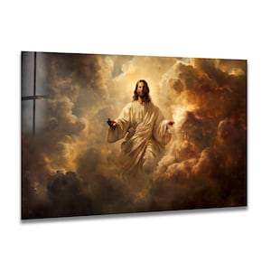 May include: A framed print depicting a figure in white robes, with long brown hair and a beard, against a backdrop of swirling, golden-hued clouds. The artwork evokes a sense of divinity and spiritual themes.