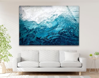 Art mural en verre trempé - Art mural abstrait - Art d'impression sur verre - Art mural en verre trempé - Décoration murale en verre - Tenture murale - Art abstrait - Art vagues bleues