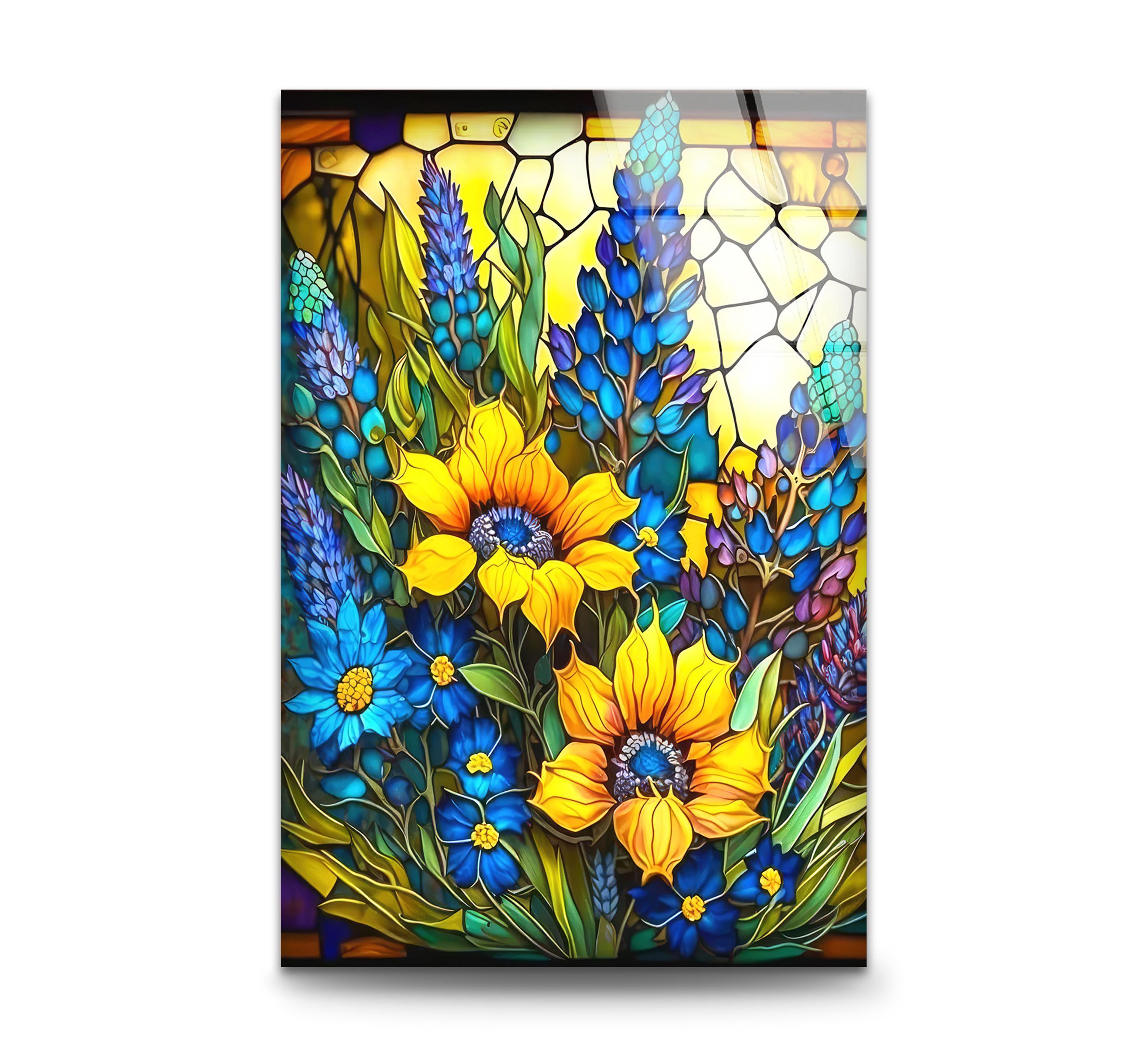 Arte mural de vidrio templado con girasoles y flores azules: estilo vitral