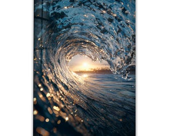 Ocean Wave Tempered Glass Wall Art – Sunset Coastal Glass Printing
