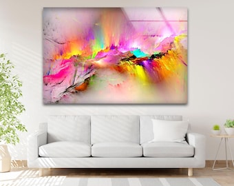 Rainbow Abstract Glass Wall Art: Modern Fluid Print