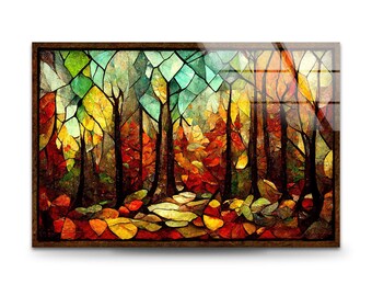 Stained Glass Fall Forest Art: Vibrant Tempered Glass Wall Decor