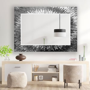 Silver Sunburst Glass Wall Mirror: Modern Rectangular Statement Mirror
