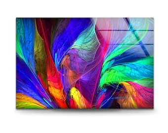 Pode incluir: Impressão de arte abstrata com um redemoinho de cores azul, verde, roxo, vermelho, amarelo e laranja. As cores são vibrantes e se misturam perfeitamente, criando uma composição dinâmica e energética.