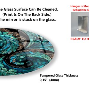 The image is a collage of two images. The left image is a glass surface with a colorful, swirling design, and the right image is a silver-colored metal hanger mounted on the wall.