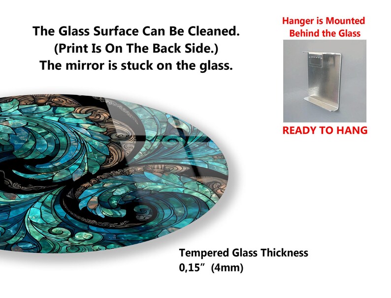 The image is a collage of two images. The left image is a glass surface with a colorful, swirling design, and the right image is a silver-colored metal hanger mounted on the wall.
