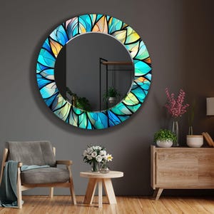 Espelho redondo com efeito de vitral floral: Arte de parede de luxo