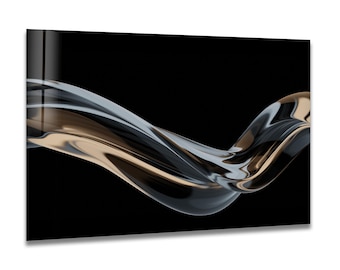 Black Gold Glass Wall Art – Modern Abstract Wave Design on Tempered Glass for Luxury Living Room Decor