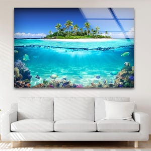 Tropical Island Tempered Glass Wall Art: Ocean Beach Fish Artwork