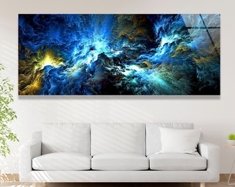 Cosmic Tempered Glass Wall Art: Blue & Gold Abstract Panoramic Print