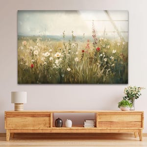 Wildflower Landscape Art on Tempered Glass: Floral Living Room Decor