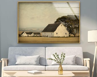 Paisaje rústico de granero en vidrio templado: decoración de pared estilo casa de campo.