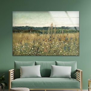 Handmade Meadow Landscape Art: Tempered Glass Nature Wall Decor