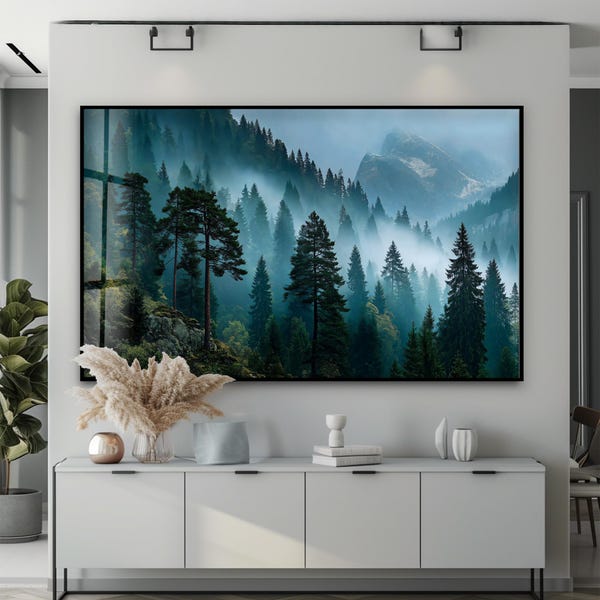 Misty Pine Forest Tempered Glass Wall Art – Mountain Landscape Glass Printing Decor